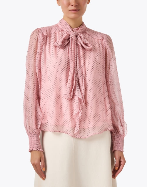 Charming Pink Polka Dot Self - Tie Neck Blouse with Sheer Sleeves