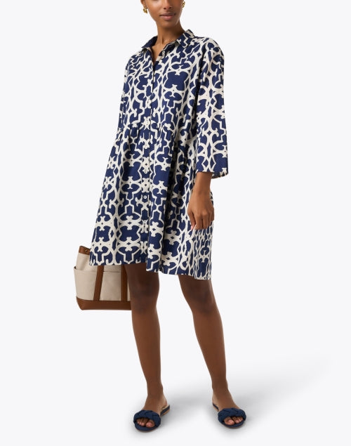 Navy-Printed Deauville Style Women's Shirt Dress for Casual Wear