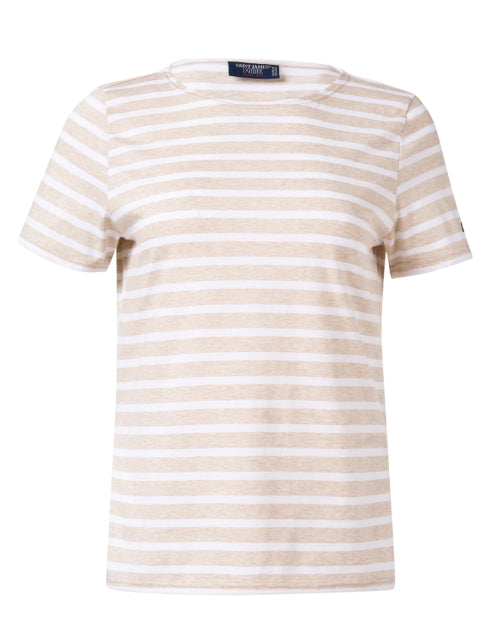 French-Crafted Etrille Beige and White Striped Short-Sleeve Cotton Crew Neck Tee
