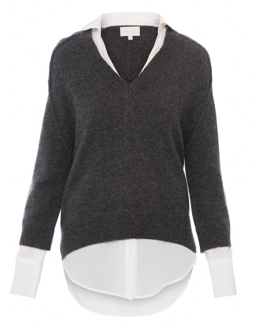 Stylish Dark Charcoal Knit Cashmere Blend Sweater with White Underlayer Shirt Detailing