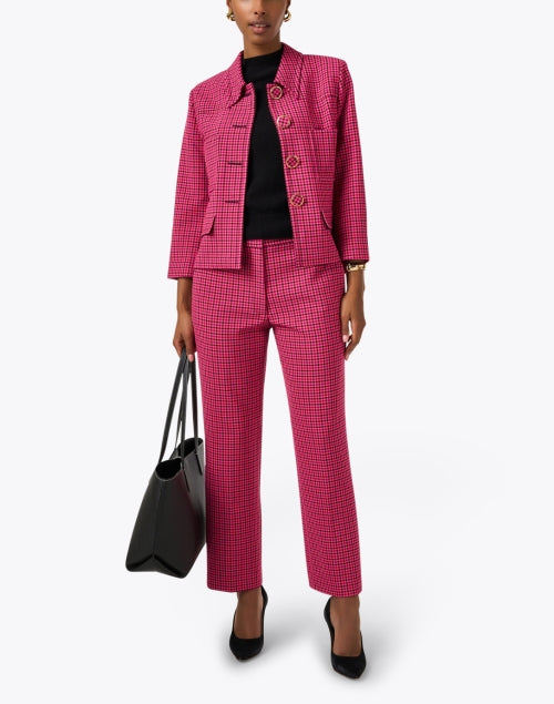 Stylish Pink Plaid Stretch Blend Straight Leg Pants