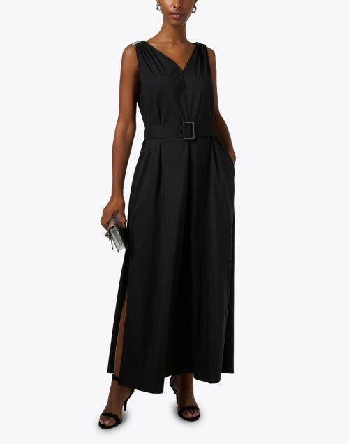 Elegant Black Cotton Blend A-Line Maxi Dress with Belt and Shoulder Details