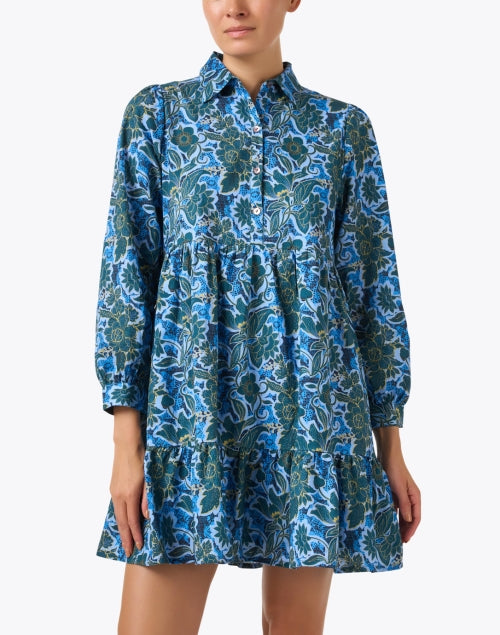 Stylish Romy Blue Motif 100% Cotton Mini Dress with Long Sleeves