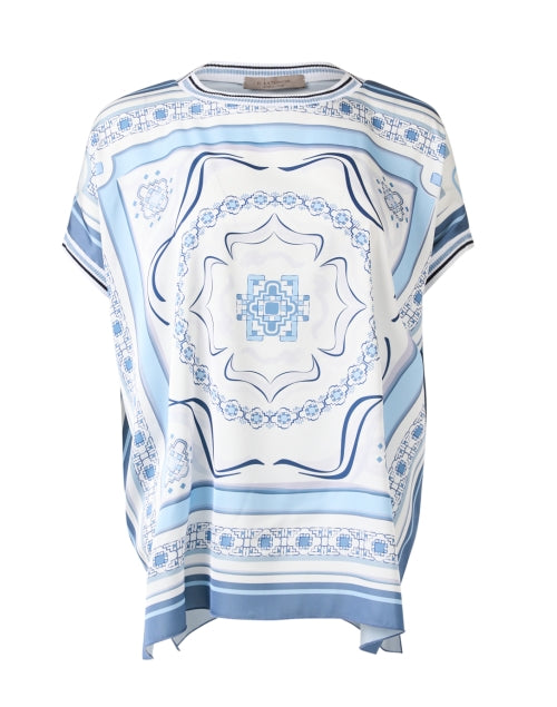 Stylish Blue Women's Scarf-Printed Satin Top for Work and Casual Wear