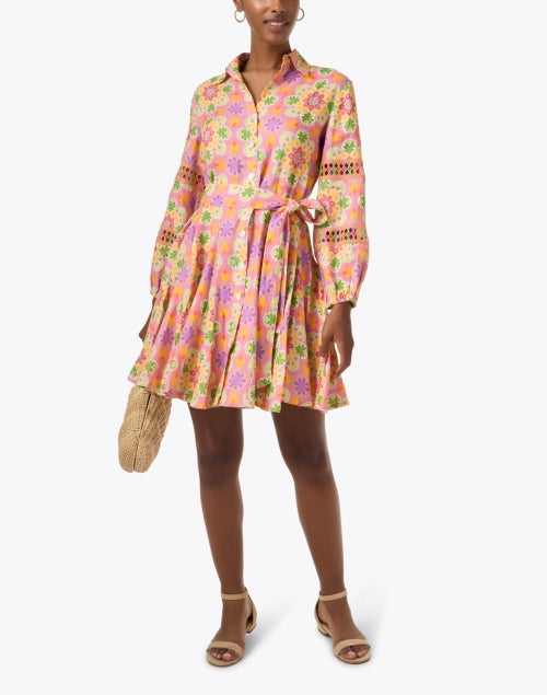 Versilia Sunny Motif Embroidered 100% Linen Multi - Print Shirt Dress