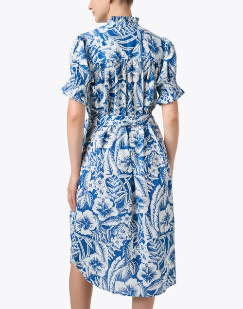 Vera Tropical Hibiscus Print Blue Cotton Shirt Style Dress