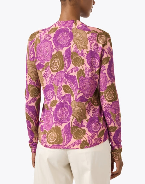 Elegant Pink Multi - Floral Motif 100% Wool Slim - Stretch Cardigan