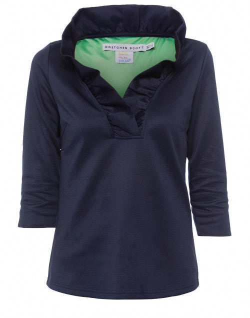 Stylish Navy Stretch Top with Ruffled V-Neckline