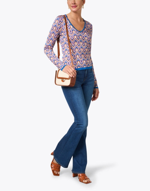 Vibrant Blue Geometric Intarsia Multi - colored V - Neck Sweater