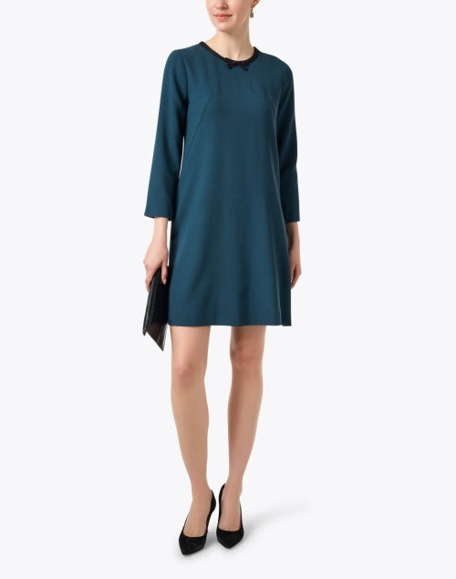 Jane's Lightweight Teal Wool Crepe Mini Shift Dress with Neck Bow