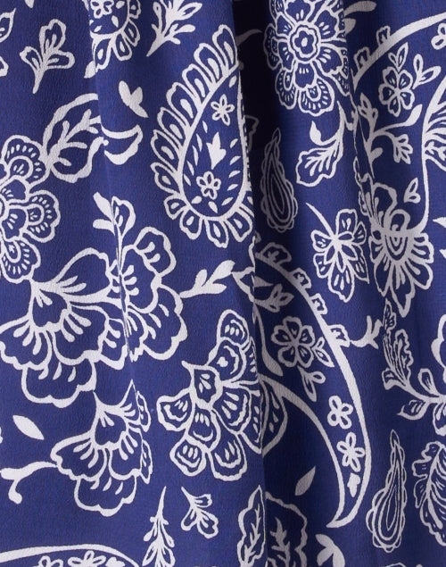 Navy Blue Paisley Print Relaxed-Fit Top with Balloon Sleeves and Tie Neckline
