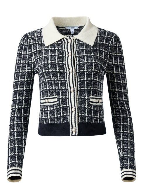 Stylish Aliyah Black-and-White Knitted Plaid Cardigan with Pearlescent Buttons