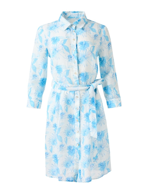 120% Lino Women's Breathable White and Blue Floral Print Linen Shirt Dress for Sunny Days