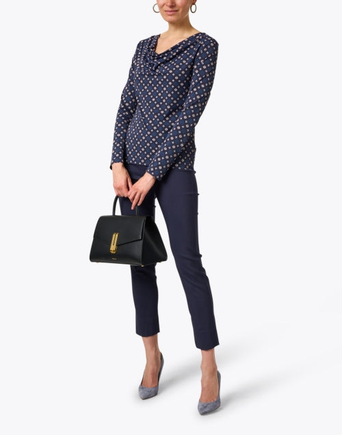 Navy Stretch Jersey Long Sleeve Cowl Neck Printed Top
