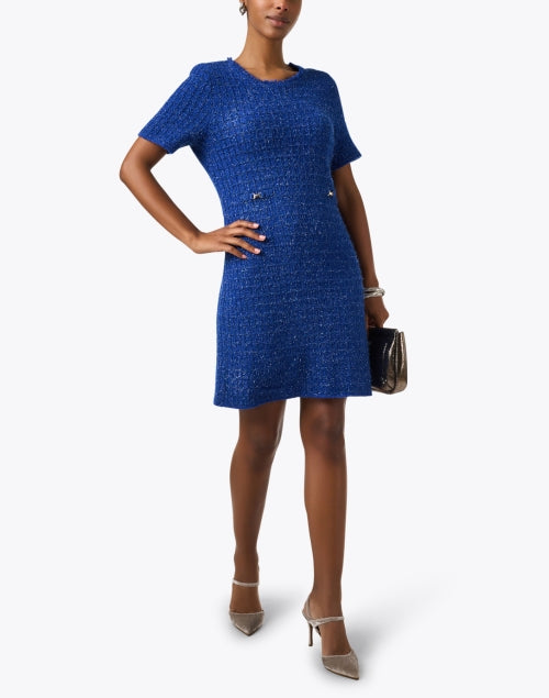 Stylish Blue Wool - Blend Knit Shift Dress with Metallic Shimmer