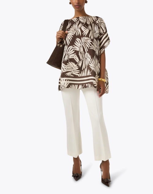Stylish Brown Tropical Palm Print 100% Italian Silk Poncho Top