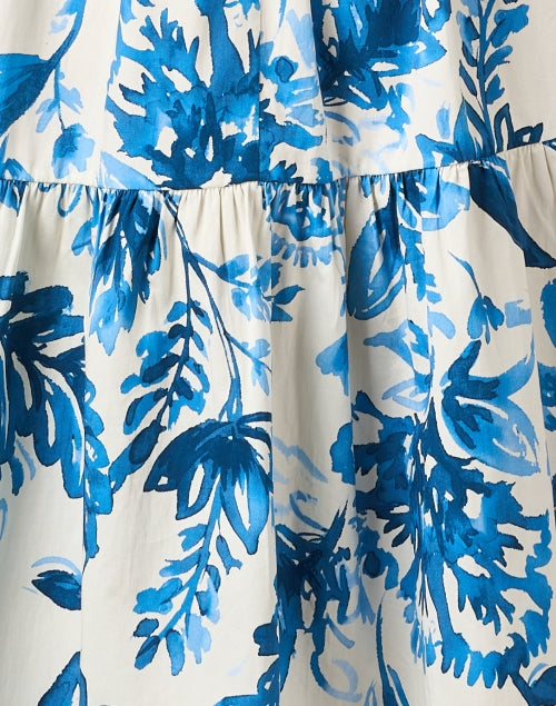 Joyce Feminine Blue and White Floral Print Cotton Dress with Adjustable Waist