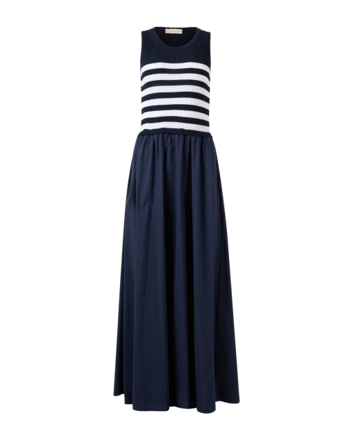 Navy Blue Striped Knitted Poplin Women's Maxi Dress