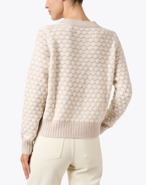 Stylish Beige and White Scallop Patterned Wool - Cashmere Blend Cardigan