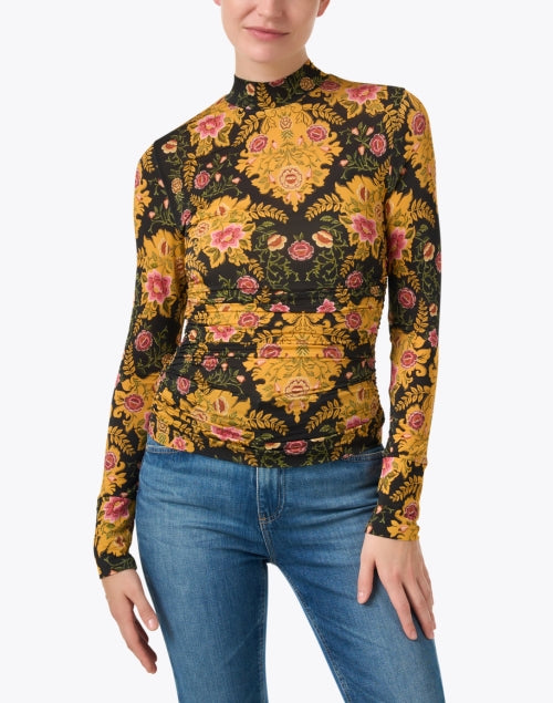 Soft Stretch Gold Multi Floral Print Mock Neck Top
