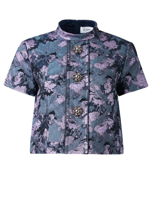 Elegant Blue Multi-Patterned Jacquard Short Sleeve Top