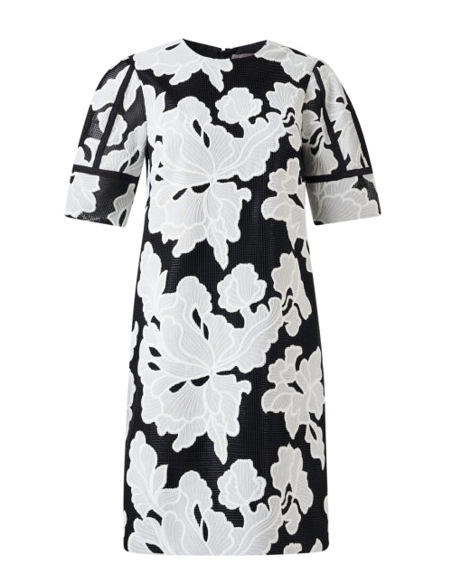 Elegant Black and White Floral Embroidered Mini Shift Dress for Women