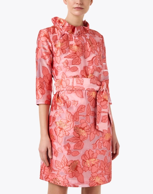 Claudine Pink Floral Stretch Organza Women's Shift Dress with Removable Self - tie Belt
