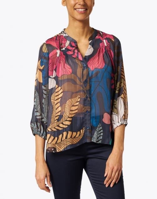 Vilagallo Women's Multicolored Metallic Leaf Print Blouse with Lurex Accents