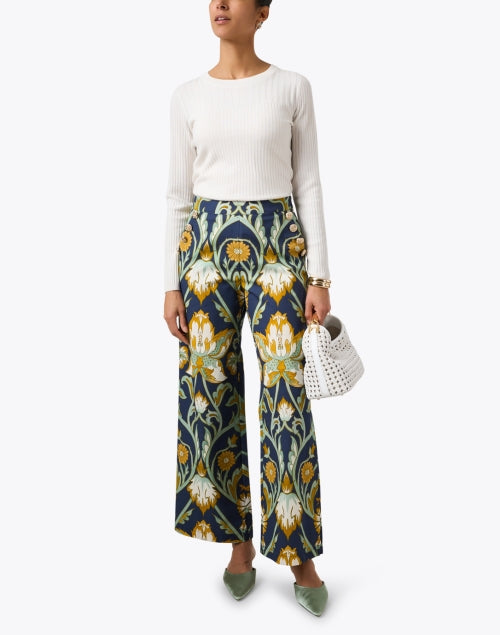 Navy Floral Retro-Style Wide Leg Cotton Pant by Antonella