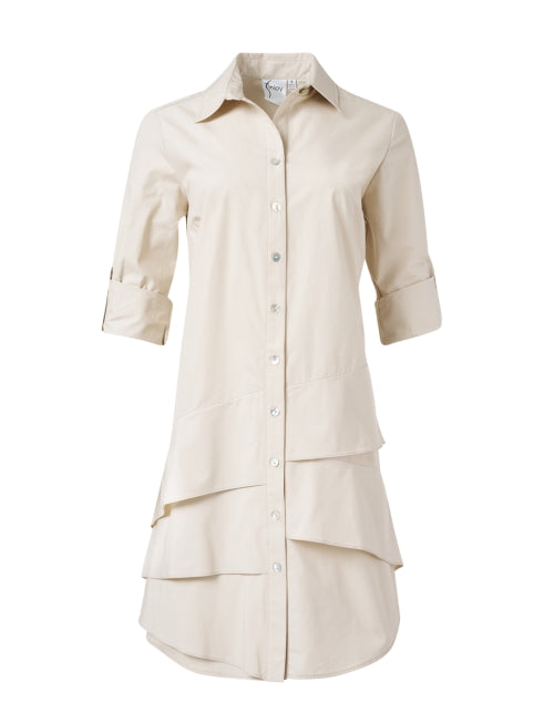 Jenna Tiered Beige Crisp Cotton Shirt Dress for Playful Style
