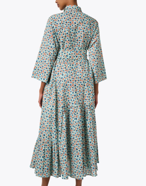 Stylish Blue and Orange Multi - Printed Midi Dress with Self - Tie Belt