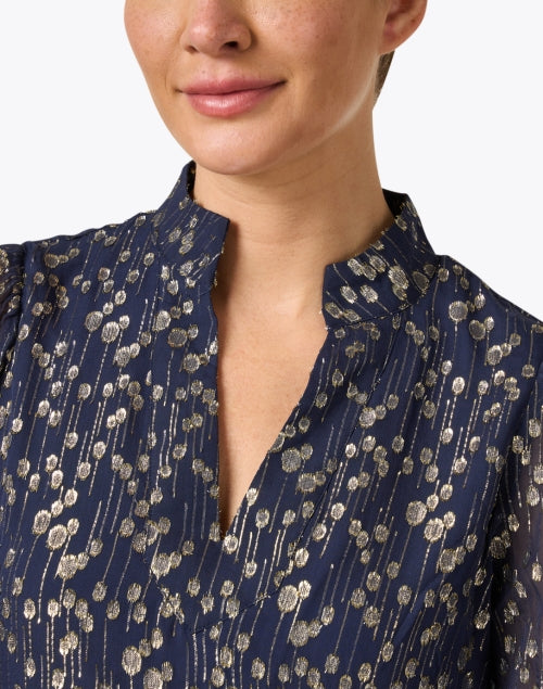 Stylish Navy and Shiny Gold Metallic Print Women's Dress for Casual Wear