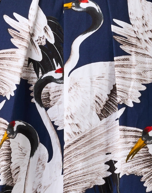 Audrey Navy Blue Crane Patterned Cotton Stretch Women's Shirt Dress
