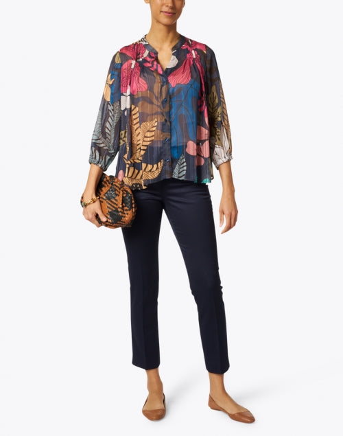 Vilagallo Women's Multicolored Metallic Leaf Print Blouse with Lurex Accents