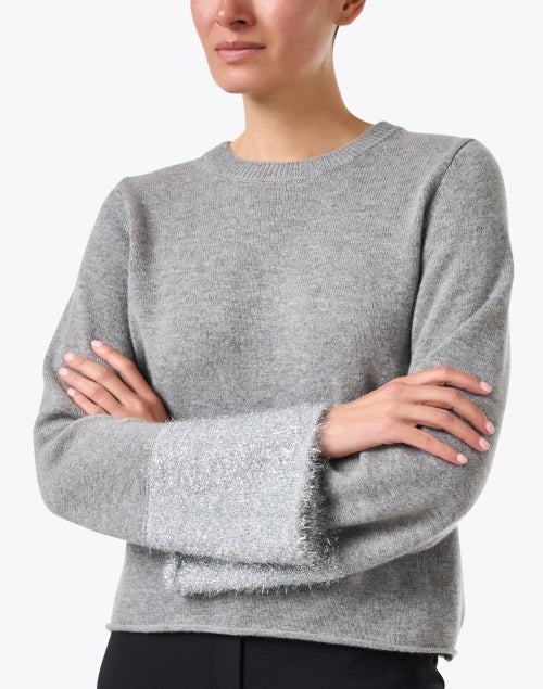 Stylish Grey Wool Blend Sweater with Festive Tinsel Cuffs