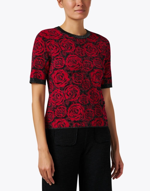 Elegant Women's Red Rose Printed Knit Crew Neck Top