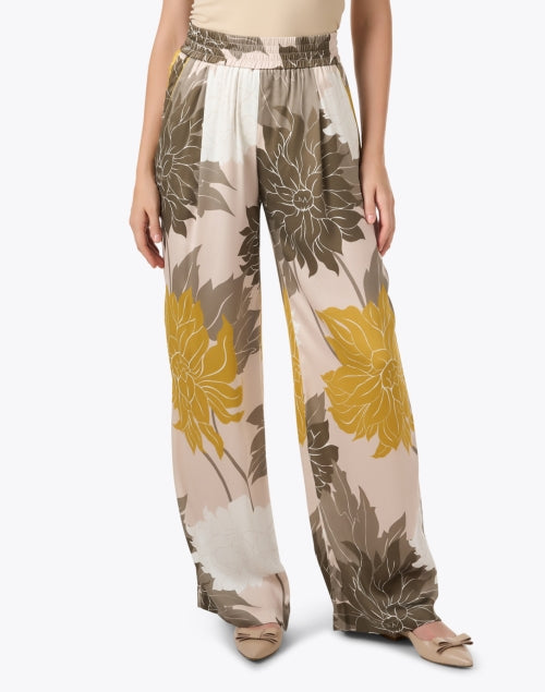 Elegant Stretch Silk Wide Leg Neutral Floral Print Pants