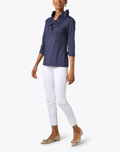 Stylish Navy Stretch Top with Ruffled V-Neckline