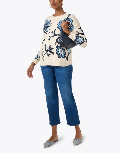 Weekend Max Mara Cream Base Blue Floral Cotton Blend Sweater