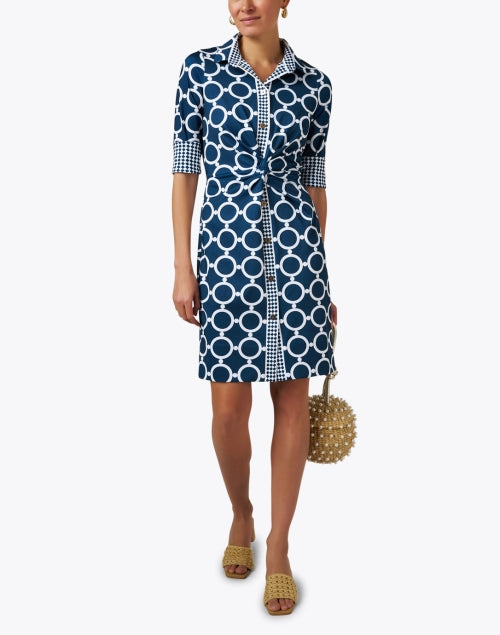 Stylish Navy and White Printed Twist Shirt Dress for Transitional Wardrobe