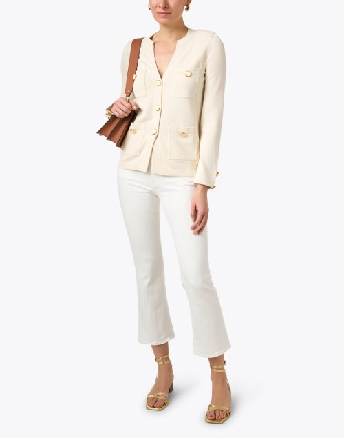 Elegant Ecru Gold-Buttoned Knit Jacket for a Polished Look