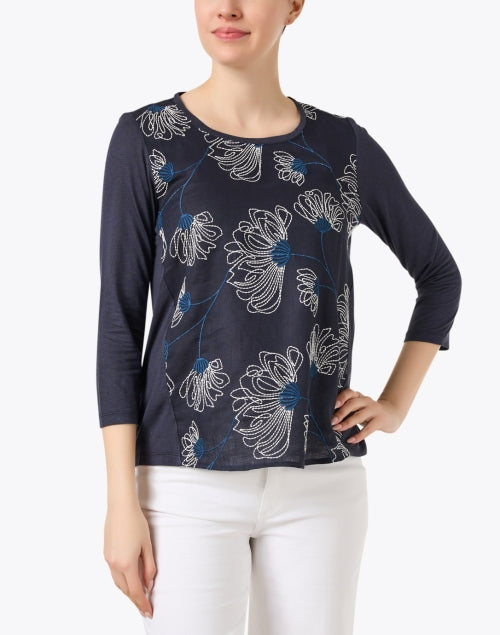 Stylish Navy and White Floral-Embroidered Relaxed Top
