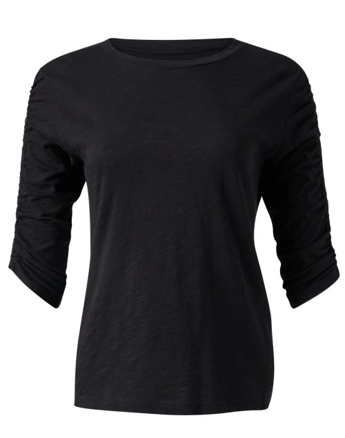 Stylish Black 100% Cotton Top with Ruched Elbow-Length Sleeves