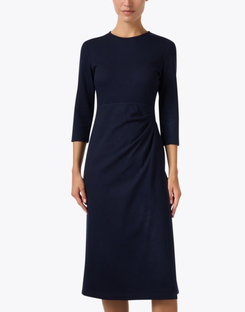 Navy Wool Blend Asymmetrical Gathering Midi Inkwell Dress