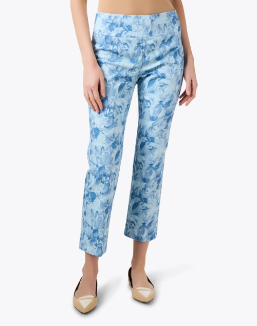 Women's Blue Floral Patterned Pull-On Cropped Cotton Stretch Pants