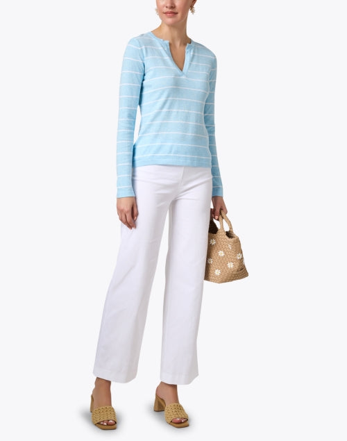 Stylish Blue and White Striped Split Neck Cotton Top for Endless Styling