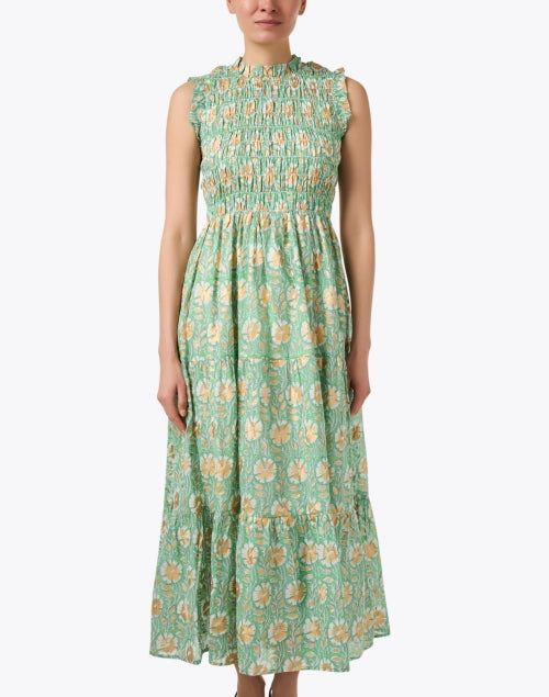 Exquisite Mughal-Style Green and Gold Floral Print Smocked Maxi Dress for Women