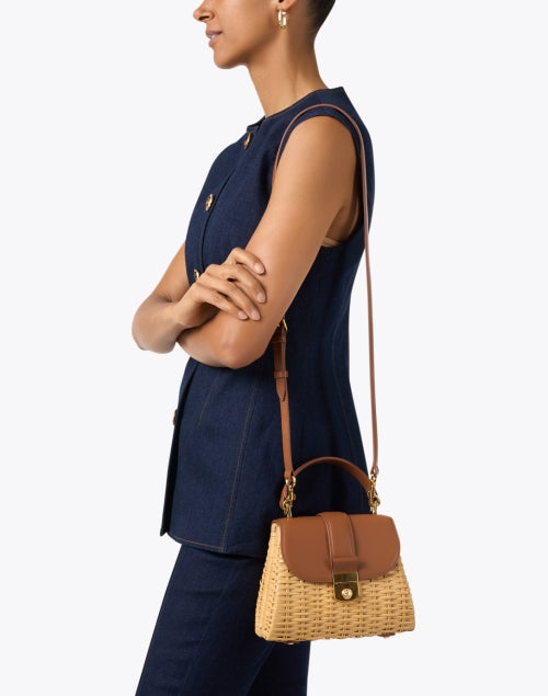 Stylish Small Tan Leather-Rattan Wicker Bag with Gold Hardware