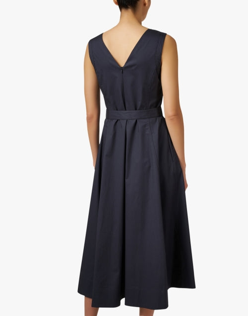 Navy Blue Crisp Cotton A-Line Women's Dress with Metallic Trim and Self-Tie Waist