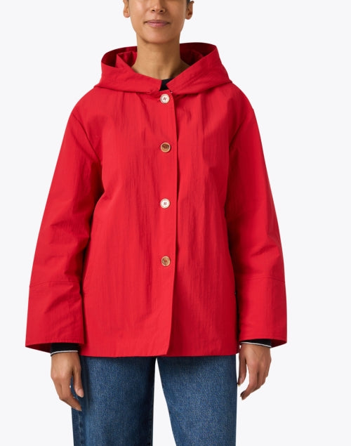 Stylish Red Hooded Jacket with Gold Button Closure